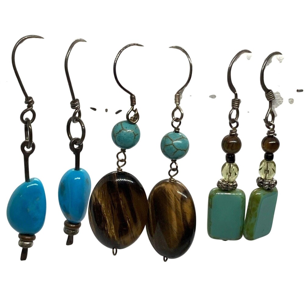 Vintage Lot of 3 Beaded Stone Dangle Earrings Sterling 925 Silver 11g Tigers Eye